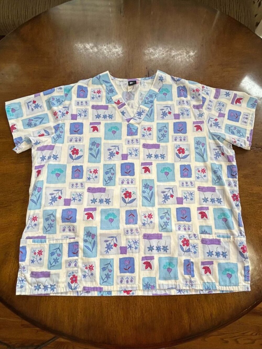 Vintage Pastel Patchwork Floral Medical Scrub Top 2X